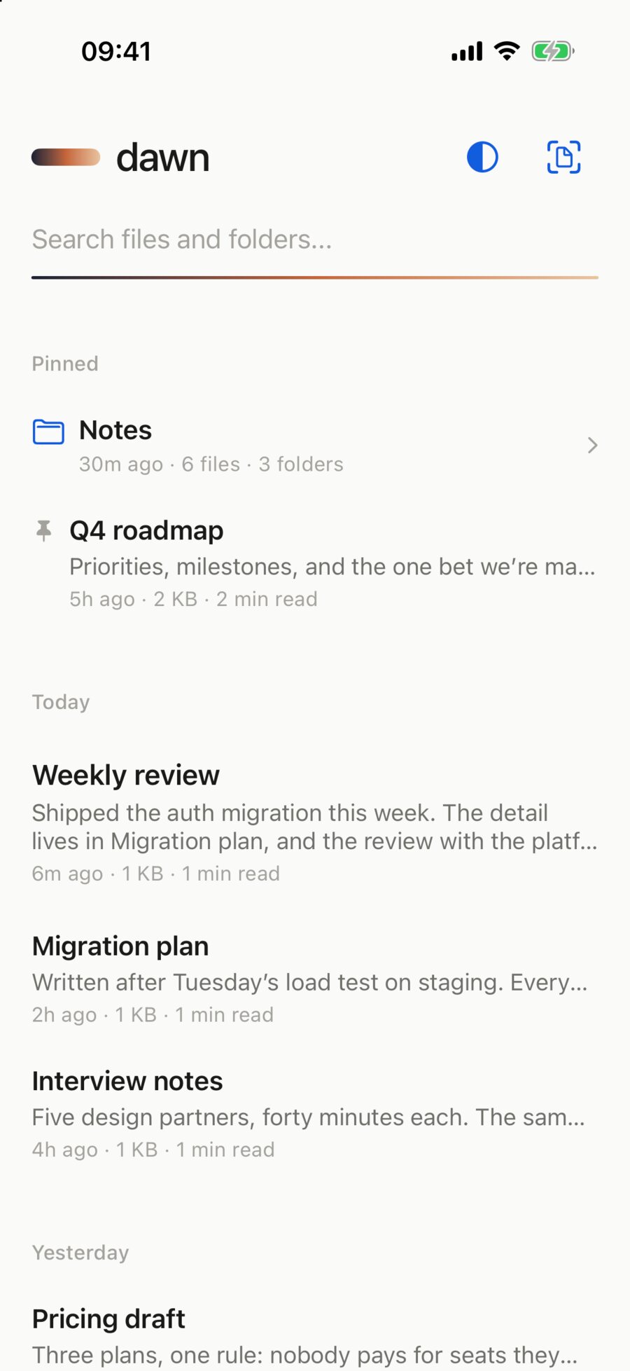 The Dawn library: a pinned folder and file, then today's documents with reading times
