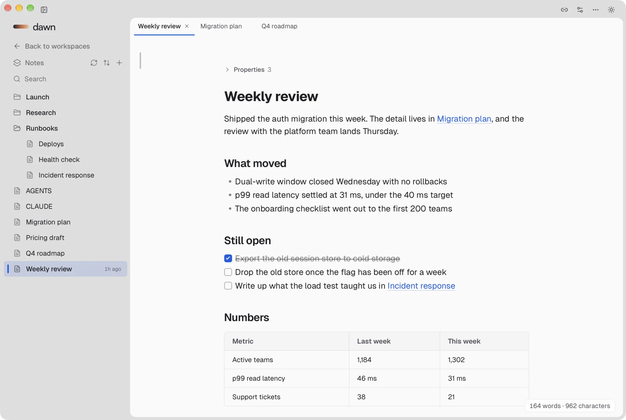 Dawn for Mac: a workspace of notes in the sidebar beside a weekly review, with headings, links, to-dos and a table typeset as a page