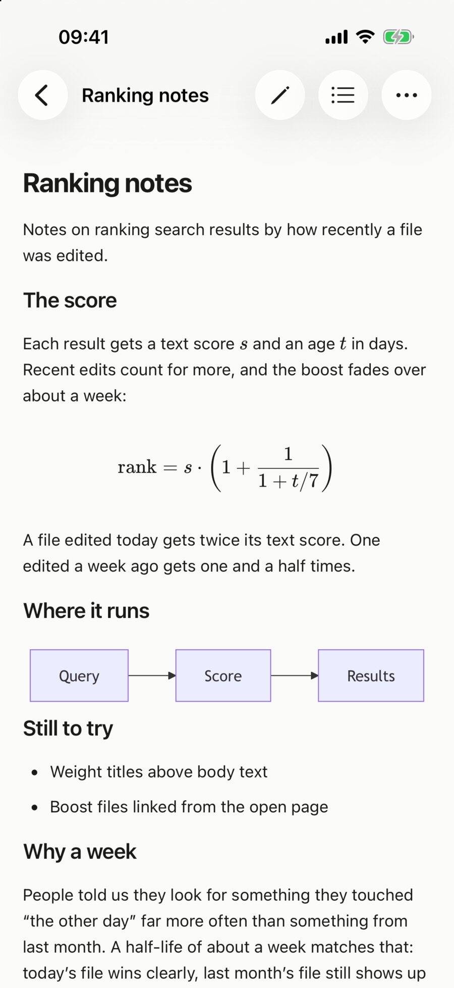 Dawn for iPhone reading ranking notes: typeset prose, a LaTeX formula and a Mermaid diagram